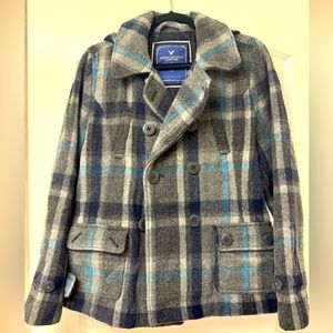 American Eagle Teal Grey Striped Peacoat